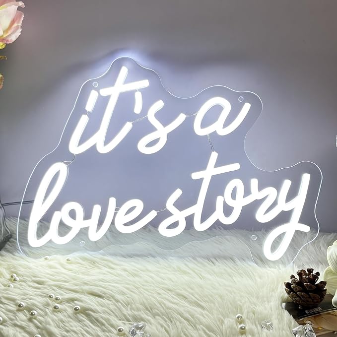 Its a Love Story Neon Sign, Cold White USB Led Light Up Signs for Bedroom Aesthetic Birthday Wedding Party Gift Boyfriend Girlfriend Lover Women Men Room Bathroom Decoration Gift, 15.7 x 11.8 Inch