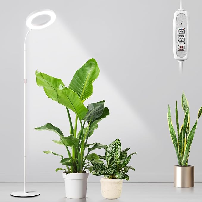 LBW Full Spectrum Grow Light with Stand for Large & Tall Indoor Plants, Adjustable Height 48.8–68'', Auto Cycle Timer 4/8/12H, 4-Level Dimmable Floor Plant Light (White)