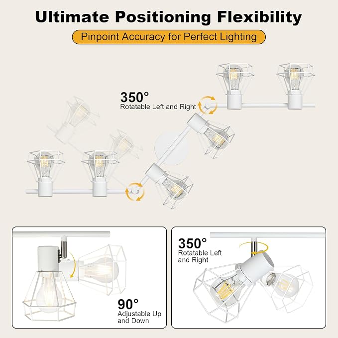 HiBay 6-Light Ceiling Track Lighting Fxiture White, Modern Spotlight, E26 | Rotatable 6 heads with farmhouse metal cage shade for kitchen living room dining area, bulb not included