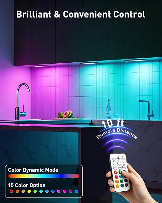 Under Cabinet Lighting Wireless, RGB Motion Sensor Light Indoor, 4 Pack | 15 Color Temps, Rechargeable, Timer, LED Closet Light Magnetic, Under Counter Lights for Kitchen Shelf Home