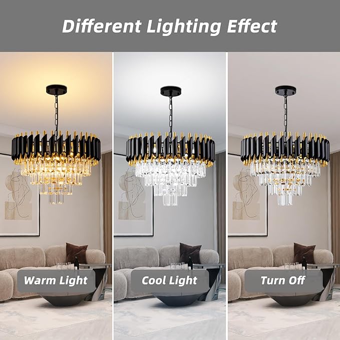 Modern Chandelier Gold and Black Crystal Chandeliers 4-Tier 20 Inch Round Hanging Crystal Pendant 7 Lights Fixture for Dining Room Bedroom Living Room Farmhouse, Clear
