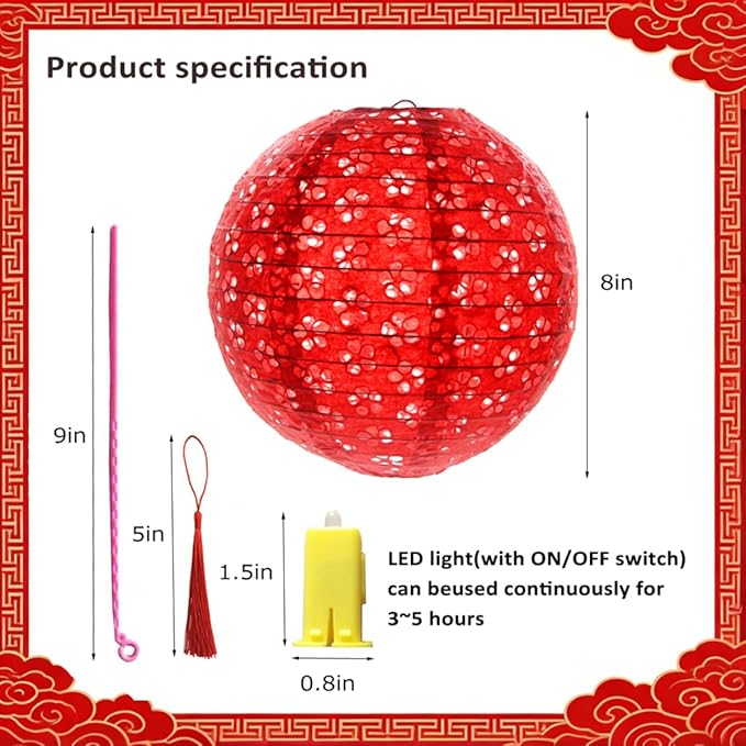 6Pcs Chinese Lunar New Year Decorations 2026 Chinese Paper Lanterns Decorative Japanese Hanging Paper Lantern with LED Lights Tassel Stick 8inch Round for Spring Festival Asian Party Home Decor