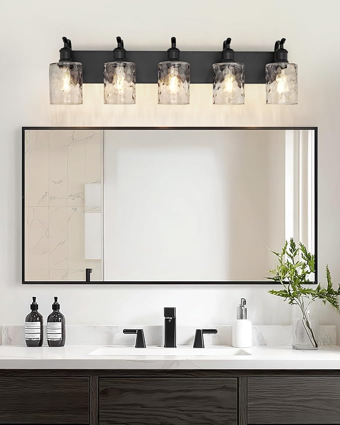 5-Light 34 Inch Bathroom Vanity Light,Hammered Glass,Black | Over Mirror Wall Light,E26 sockets,for bathroom mirror,powder room,dressing area,wall-mounted vanity lighting