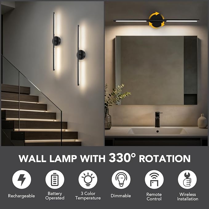 TONYFUL Battery Operated Wall Sconce Set of 2 for Bedroom, Living Room | Rechargeable, 6000mAh Dimmable Bulbs, Remote, 3000K-6500K LED Wall Lights for Bedroom, Living Room, Hallway Decor, Black