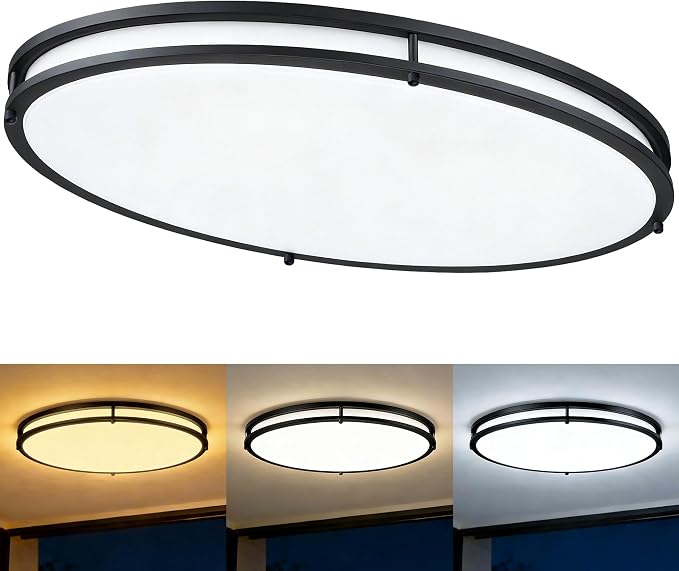 24 Inch Oval Black Ceiling Light Fixture for Living Room - 24” Black Flush Mount LED Ceiling Lights 3000K/4000K/5000K LED Kitchen Bathroom Light Oval Bedroom Lamp, 32W, 2100LM, Steel and Polystyrene