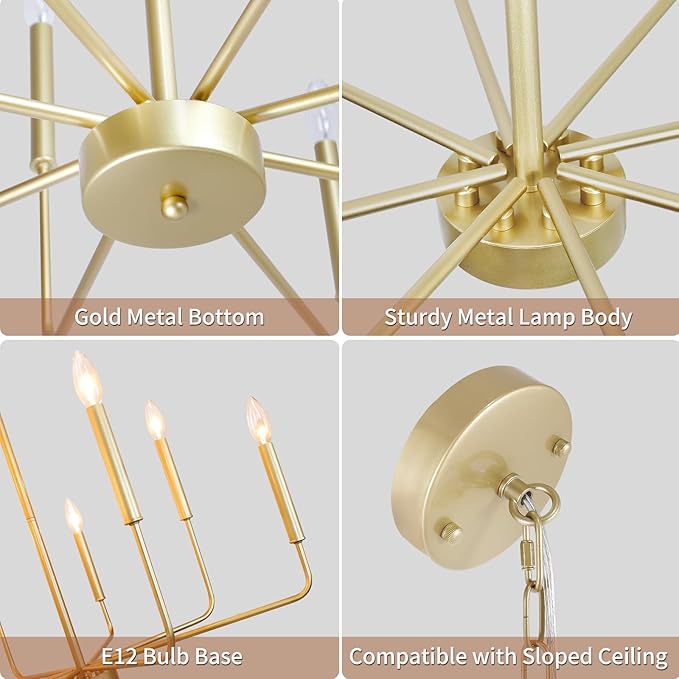 Gold Chandeliers, 8-Light Modern Dining Room Light Fixtures, Rustic Candle Hanging Pendant Light for Living Room Entryway Foyer Bedroom Kitchen