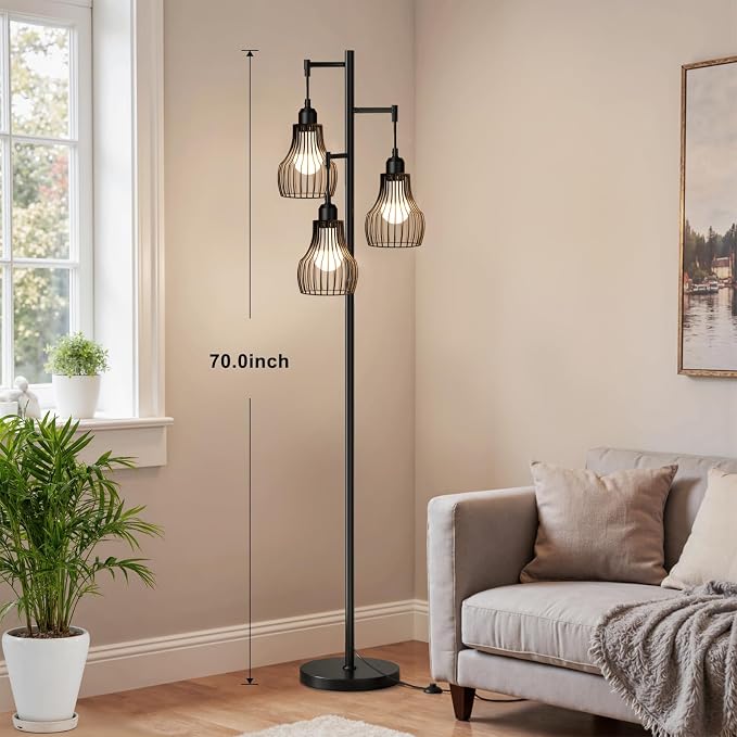 Ziisee Dimmable Floor Lamps for Living Room, Farmhouse Tree Standing Tall Lamp with Remote Control 3 Elegant Cage Shade LED Bulbs for Bedroom Office - Black