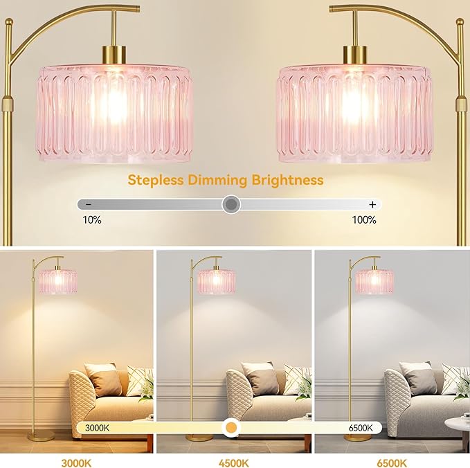 QIYIZM Pink Floor Lamp for Living Room,Bedroom,Gold Dimmable Standing Lamp with Remote,Mid Century Modern Brass Tall Lamp Boho Floor Lamps Arc Stained Glass Flower Floor Light Lamp Girls kids Bohemian