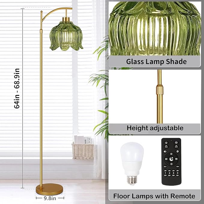 ILLMTW Glass Floor Lamp for Living Room,Bedroom,Gold Mid Century Modern Standing Lamp with Remote,Dimmable Brass Tall Lamp Vintage Tulip Green Arc Flower Floor Light Boho Bohemian