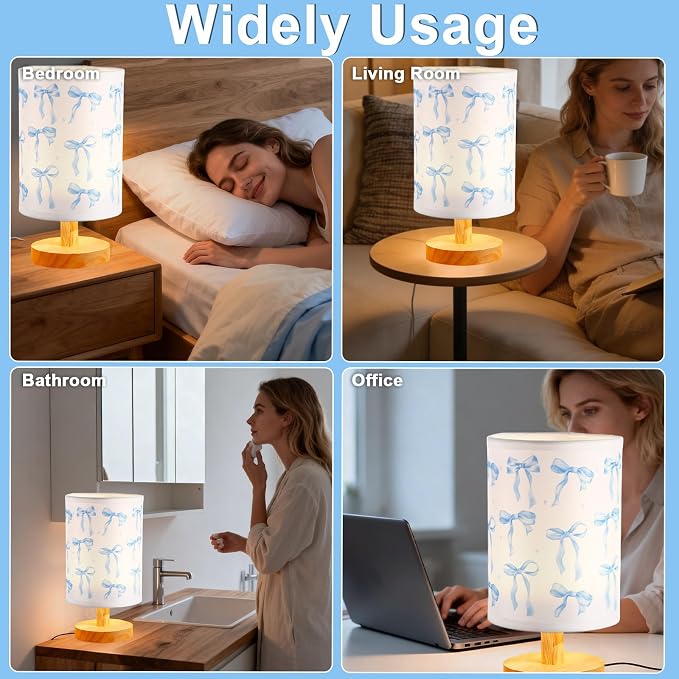 Lonfliness Blue Bow Kids Table Lamp Kids Bedside Lamp Bedroom LED Night Light with Linen Wooden Nightstand Cartoon Nursery Lampshade for Girls Boys Living Room