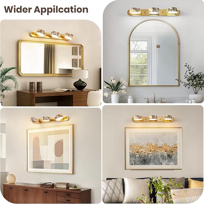 Natural Alabaster Bathroom Vanity Light, 3-Light Adjustable LED Bathroom Light Fixture with Gold Metal Base, 180° Rotatable Marble Wall Sconce for Bathroom Over Mirror, Hallway