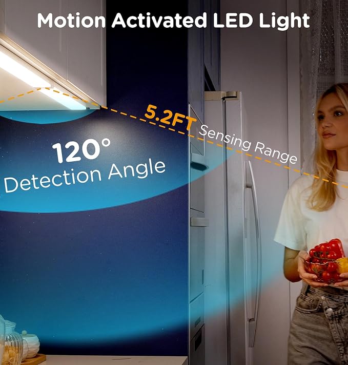 Under Cabinet Lighting Plug in, AC120V LED Motion Sensor Light Indoor 3000K/4000K/5000K, Super Bright, Linkable Under Counter Light for Kitchen,Closet,Shelf,Aluminum (12inch,White,2Pack)