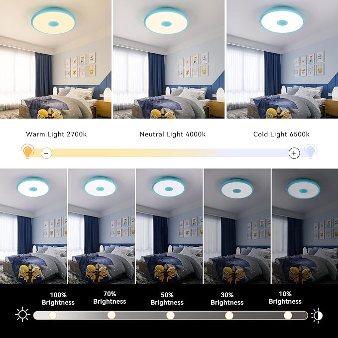 Sky Blue Waterproof LED Flush Mount Ceiling Light Fixture,with Bluetooth Speaker,11 Inch,18 watt,Dimmable Music Lamp,RGB Color Changing Light with Remote Control,for Bathroom,Shower,Bedroom