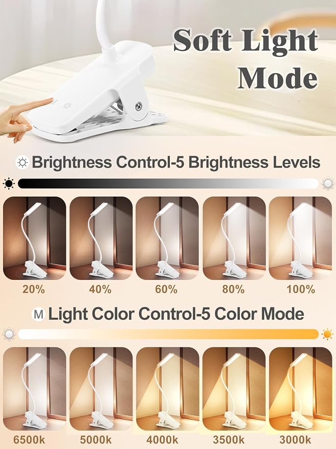 Eye Caring Clip on LED Bed Light 5 Color 5 Brightness Rechargeable Wireless | Flexible Neck Desk Lamp for College Dorm Essentials Reading