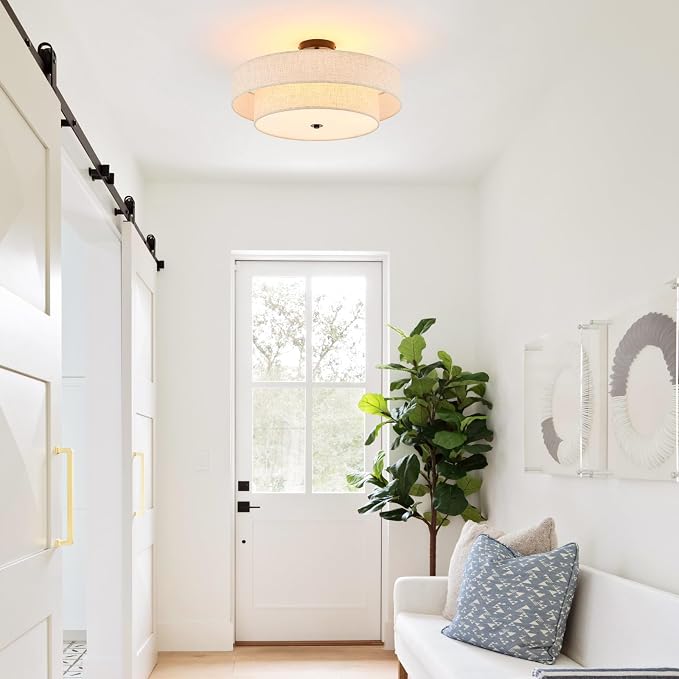 Modern Semi Flush Mount Ceiling Light 21.7" Modern Black 4-Lights Drum Ceiling Lighting Fixture Vintage Linen Golden Ceiling Lamp for Laundry Room, Kitchen, Living Room, Dining Room, Bedroom
