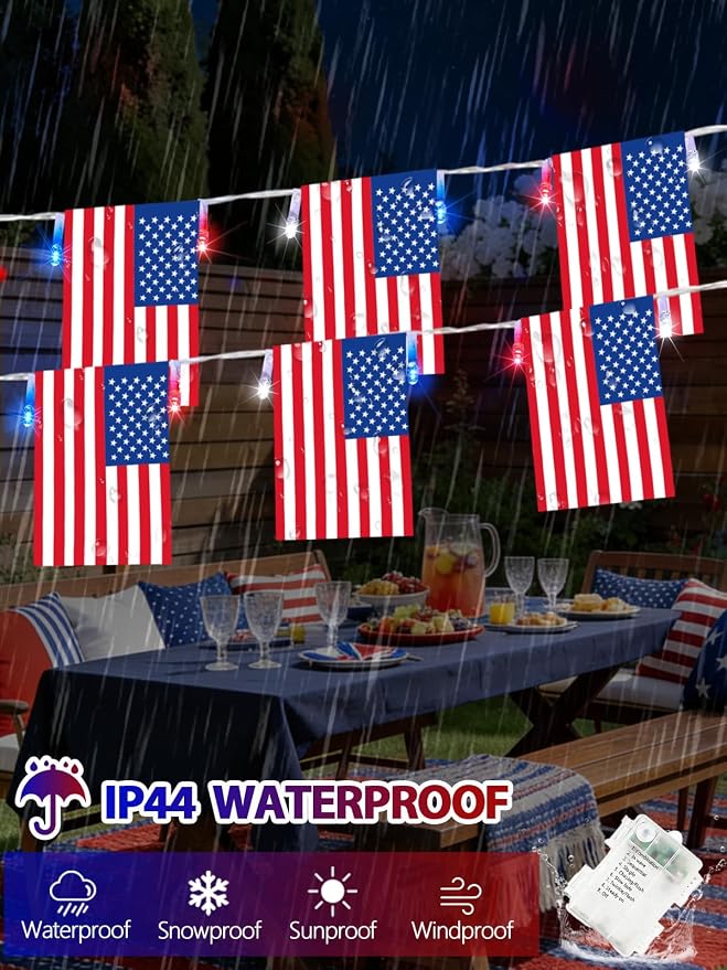4th of July Lights 2PK Red White and Blue Battery String Lights with Flags | Total 48FT 100 LED wiht 50 American Flags, 8 Modes & Timer, IP44 Waterproof Patriotic Fairy Lights for Independence Day Decor