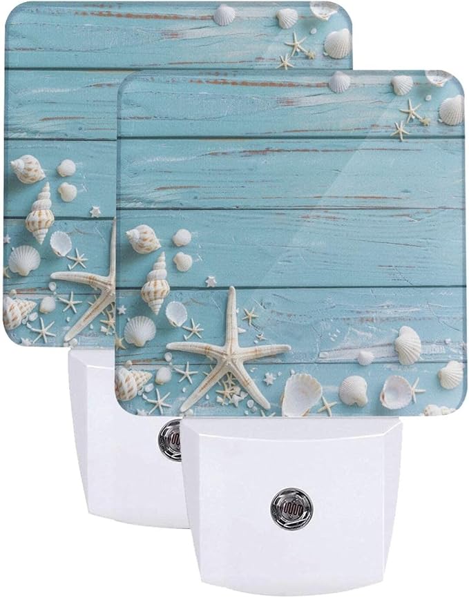 Seashell Night Light Plug-in LED Lamp Set of 2, Dusk to Dawn Auto Sensor Summer Beach Board Nightlights 2 Pack