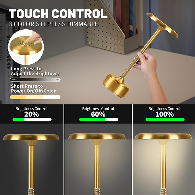 Cordless Rechargeable Modern Metal Table Lamp, Touch Dimming, 3-Color | Gold, 5200mAh Battery, Portable LED Desk Light, Touch Sensor, Suitable for Night Light/Restaurant/Night Stand/Coffee/Bar