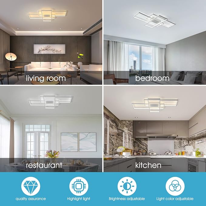 GEADI Modern 41.3in 3-Square LED Ceiling Light, 68W White Flush Mount | Dimmable Ceiling Lamp with Remote Control, 3000K-6000K, 5440 Lumens, Memory Function for Living Room, Bedroom and Dining Room