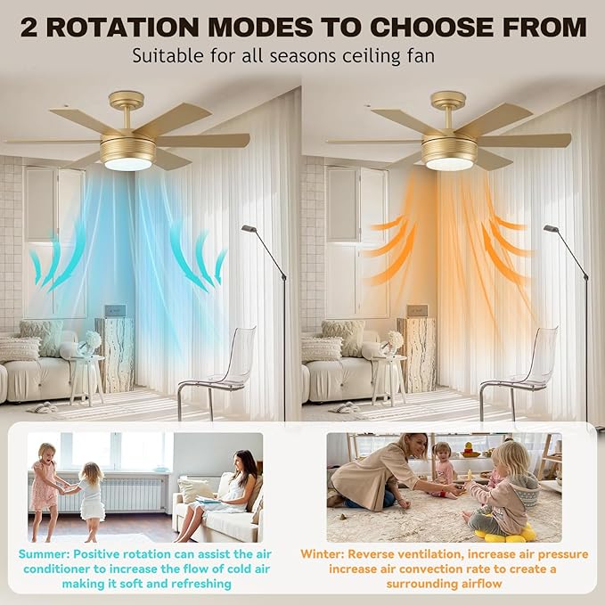 SHOWDI Ceiling Fan with Lights and Remote, 6 Blade App Control Timer Reversible Stepless Brightness and Color Temperature Outdoor Wood Ceiling Fan with Lights (Gold, 42 Inch)