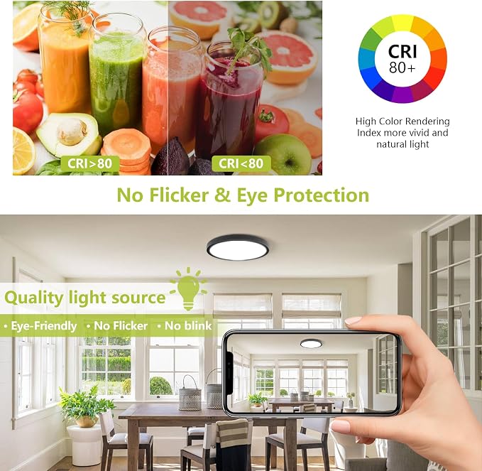 20 Inch Remote Control LED Flush Mount Ceiling Light, 42W 4200LM Dimmable & 2700K-6500K Color Temp Adjustable, Ultra-Thin Flat Round Fixtures for Bedroom Kitchen Office Apartment, Black