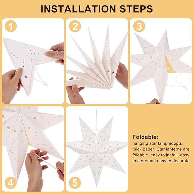 Paper Star Lantern Lamp Shade Christmas Hanging Stars Garland Hollow out Xmas Tree Topper Hanging Ornament for Wedding Birthday New Year Party Home Decor for Indoor and Outdoor 17.7 Inch
