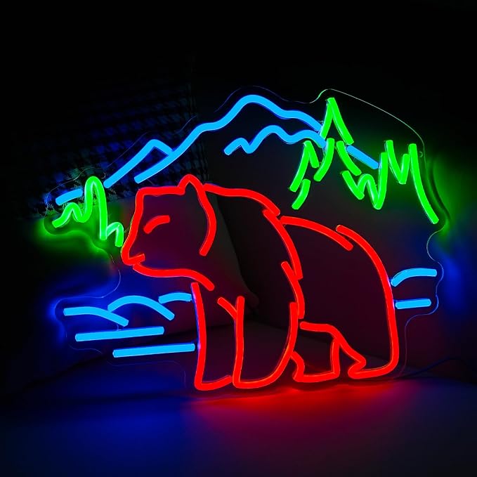 Bear Neon Sign for Wall Decor Dimmable Mountain LED Neon Light Bear Mountains Neon Light Signs Powered by USB for Living Room Hotel Zoo Neon Decor(16.5”*12.6”)