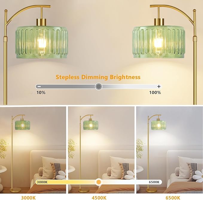 ILLMTW Glass Floor Lamp for Living Room,Bedroom,Gold Mid Century Modern Standing Lamp with Remote,Dimmable Brass Tall Lamp Vintage Retro Green Arc Flower Floor Light Boho Bohemian
