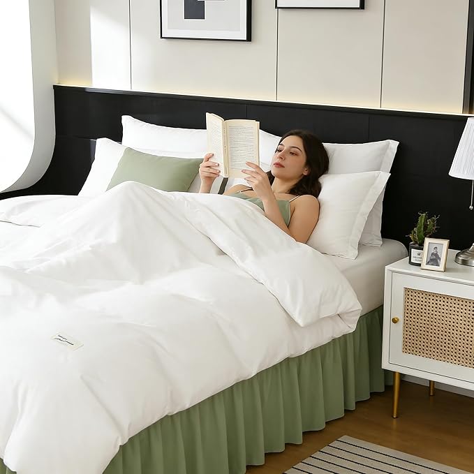 RIMELA Sage Green Bed Skirt Full Size 15 Inch Drop, Elastic Bed Skirting for Bed Base and Frame, Bedding Dust Ruffle Easy to Install, Wrap Around Adjustable Bedskirt