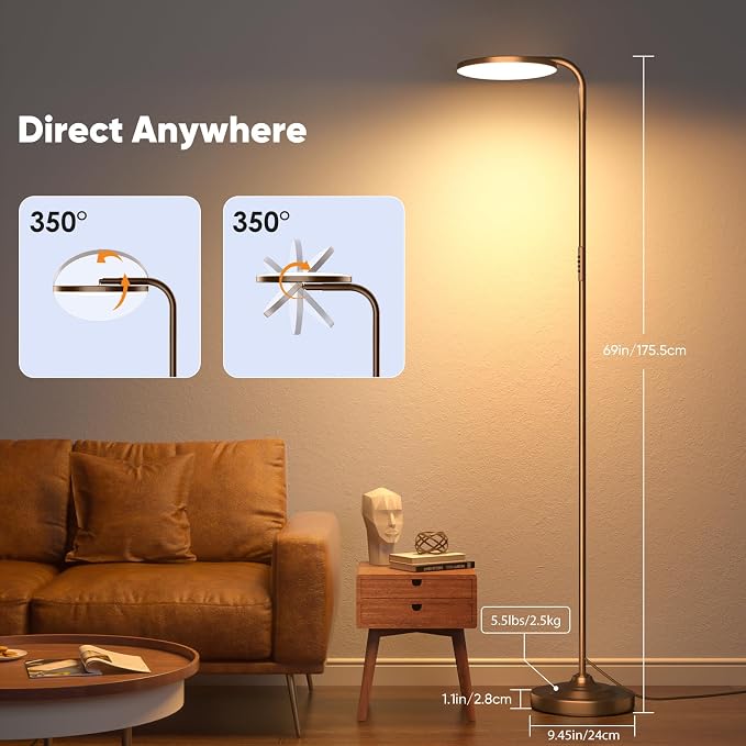 36W LED Floor Lamp, Super Bright Standing Lamp, Modern Stepless Dimmable Torchiere Tall Lamp with Remote Control, 350°Rotating Head Reading Floor Lamp for Living Room, Bedroom, Office