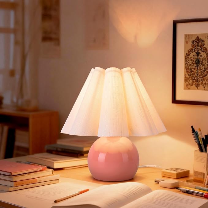 Pink Small Bedside Mini Table Lamp for Bedroom, Cute Bedroom Lamps for Nightstand, Cute Mini Table Lamps for Small Spaces with Scalloped Shade for Kitchen Counter, Bookshelf, Kids Dorm, Home Office
