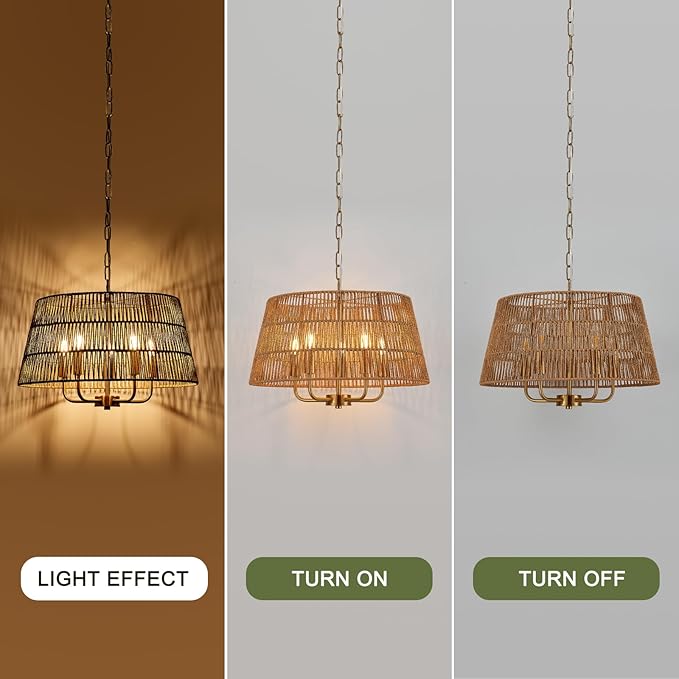 19.7" Boho Rattan Chandelier Vintage Farmhouse 5-Lights Hand-Woven Bamboo Golden Chandelier Light Fixture Retro Drum Wicker Gold Chandeliers for Dining Room, Kitchen, Living Room, Bedroom