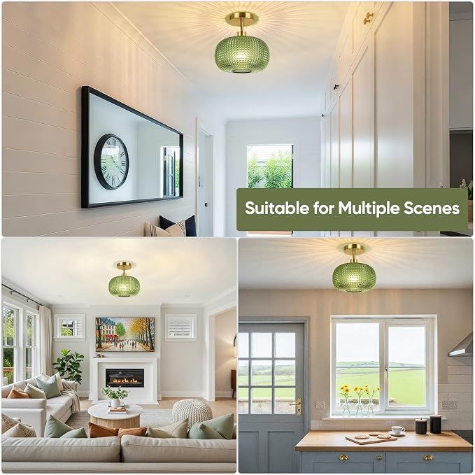 ROTTOGOON Semi Flush Mount Ceiling Light, Adjustable Hanging Gold Sloped Ceiling Lights with Green Glass Shade Vintage Hallway Light Fixtures for Kitchen Bathroom Entryway Bedroom (Bulb Not Included)