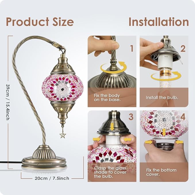 Yarra-Decor Turkish Moroccan Lamp with Bronze Base 3 Color Options Handmade Swan Neck Mosaic Glass Bedside Lamps for Bedroom (LED Bulb Included)(Red1)