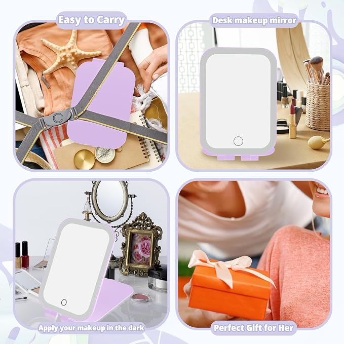 Travel Makeup Mirror, Portable Rechargeable Mirror with Lights | USB-Rechargeable, 3 Color LED Lighting, Adjustable Brightness, 7.9x5.4 inch, 1200mAh Battery, Gift for Women and Girls,Purple