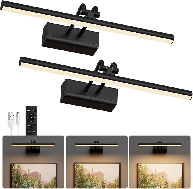 Battery Operated Wall Light, 13.8'', Set of 2, Black, Remote Control | 4000mAh Cordless, Wall Light, Magnetic for Easy to Charge,Timers, Display for Gallery Living Room Bedroom