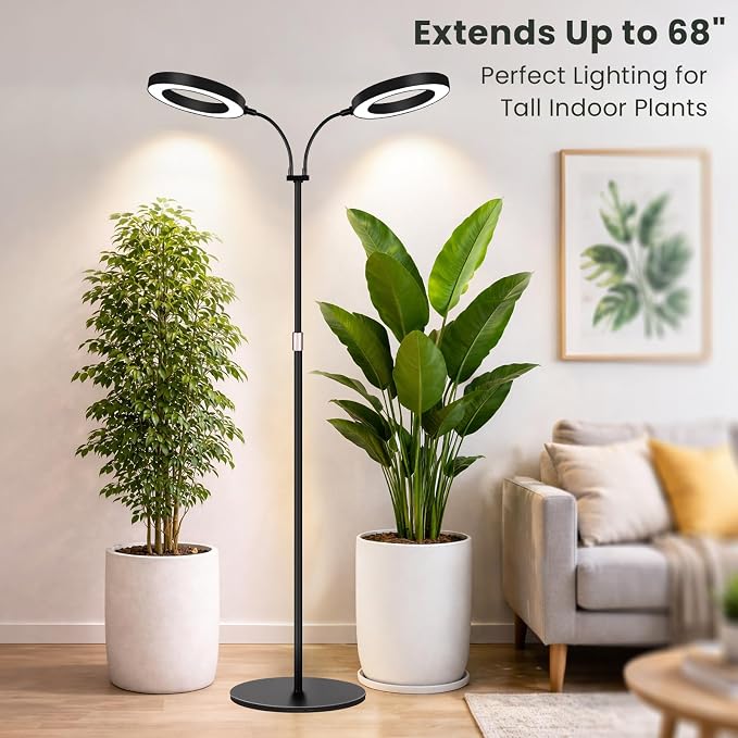 LBW Dual Head Grow Light with Stand for Indoor Plants, Full Spectrum Grow Light for Tall Plants, Adjustable Height up to 68", Auto Cycle Timer 6/8/12/16H, 5-Level Dimmable, 3 Lighting Modes, Black