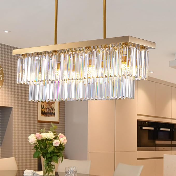 Siljoy Rectangular Gold Crystal Chandelier for Dining Room, 8-Light Modern K9 Crystal Raindrop Chandelier, Luxury Crystal Ceiling Light for Living Room Kitchen Island L31.5'' x W10'' x H10''