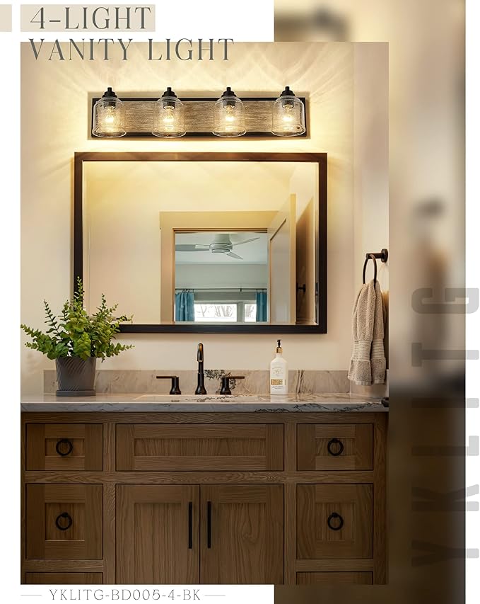 Vanity Lights for Bathroom Large 31.5", Farmhouse Rustic Vanity Light with Bubble Glass Shades, Gray 4 Light Bathroom Lighting Fixtures Over Mirror, Bath Wall Sconce Home Decor