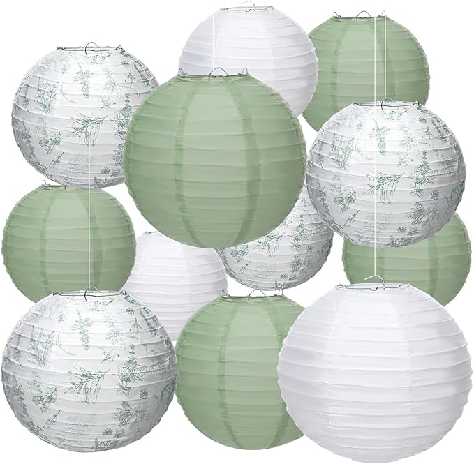 Riakrum 18 Pcs Floral Paper Lantern Set 10" 8" Sage Green and White Flower Chinese Lantern Chinoiserie Hanging Decoration for Ceiling Wedding Bridal Shower Birthday Party Supplies