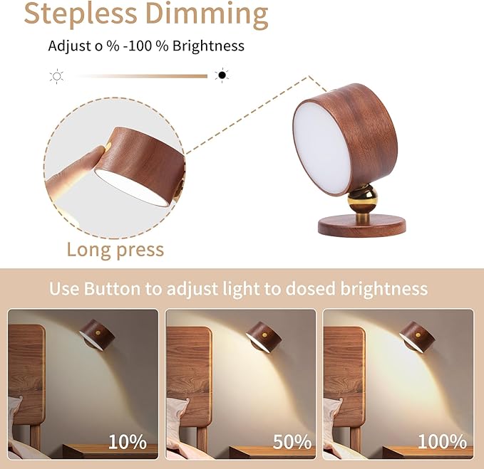 Wooden Led Wall Sconce, 360° Rotatable Dimmable Wall Lights Rechargeable Wall Lights Battery Operated Magnetic Led Night Light for Reading Light and Household Lighting (Sapele Wood 1pcs)