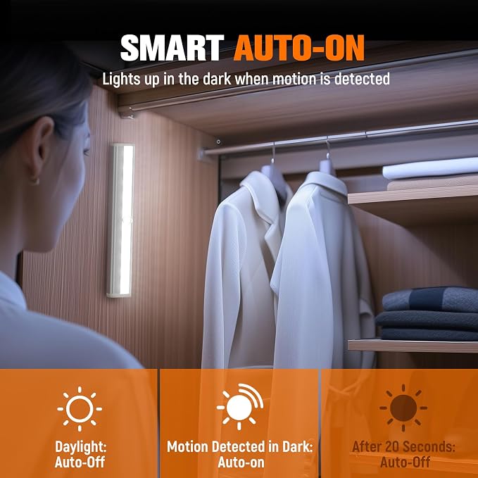 Molrebe Motion Sensor Closet Lights, 6 Pack, Battery Operated | 10 LEDs, 10-ft motion range, 15-20 sec auto-off, magnetic peel-and-stick mounting for closets, cabinets, hallways and stairs