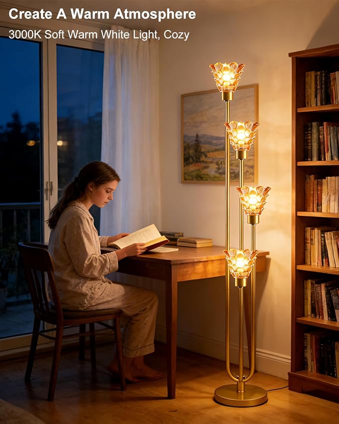 63IN 4-Lights Glass Floor Lamp Modern Dimmable Floor Lamps with Amber Glass Shade& Warm White Bulbs for Wedding/Party, Gold Tall Standing Lamp with 5Lbs Heavy Base for Living Room/Bedroom