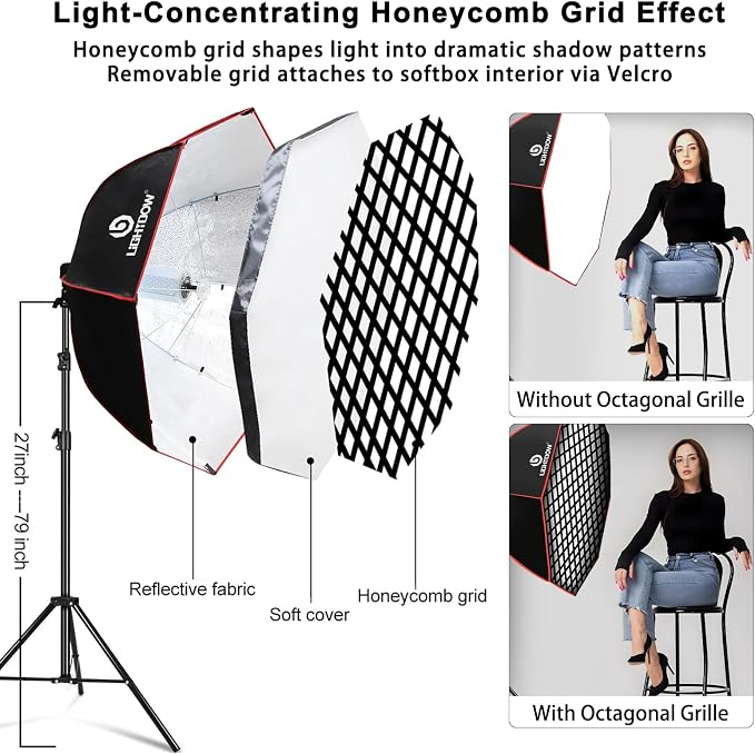 Light Box Photography Lighting Kit:2-Pack 37" Octa Softbox,Honeycomb Grid,110W LED Lamps,RC,Tripod Stands for Studio Light,Video Recording,Portraits,Model/Food/Pet/Baby/Product Shoots & Live Streaming
