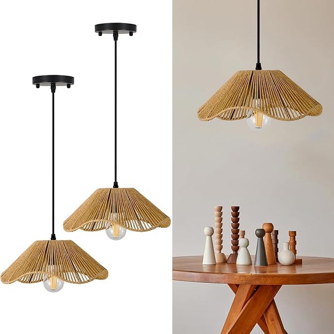 Hard Wired Rattan Pendant Lights Set of 2,Kitchen Island Pendant Lights with 12” Flower Shade,Boho Handwoven Paper Rope Rattan Ceiling Light for Living Room Dining Room Restaurant Foryer