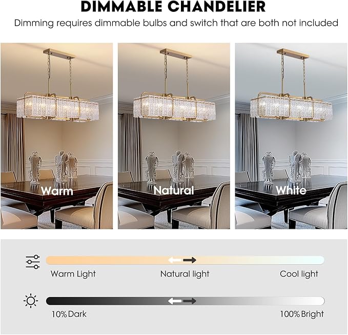 CROSSIO Gold Crystal Rectangle Chandelier, 40inch Large Rectangular Water Ripple Glass Island Light Fixture, Elegant Linear Lighting for Kitchen Island, Living Room