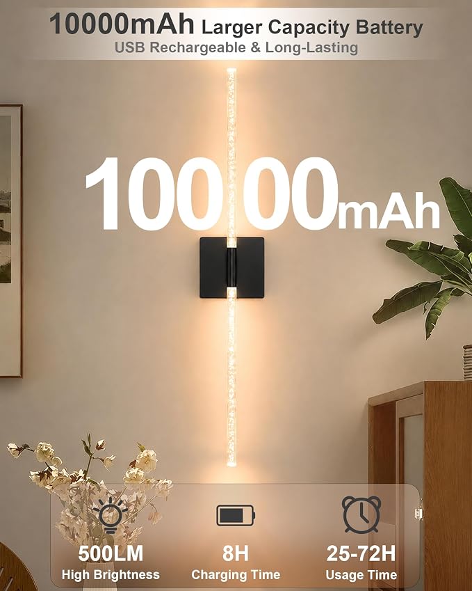 Wall Sconces Set of 2, Rechargeable Wireless Sconce(Bubble Crystal) | Battery Operated Wall Lights With Touch Remote, 4CCT Dimmable Wall Lamp For Bedroom, Living Room, Hallway. 31.7inch