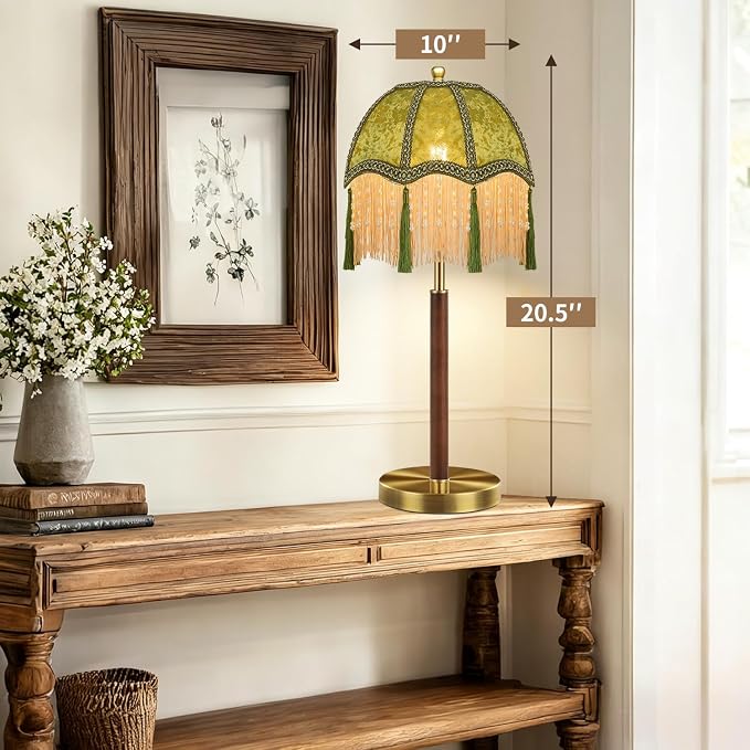 ILLMTW Vintage Table Lamp Set of 2,Flower Small Bedside Lamps Dimmable Bedroom Lamp with Fringe Green LampShade,Gold Boho Mid Century Retro Tassel Nightstand Lamp for Bedroom Living Room Tiffany Decor