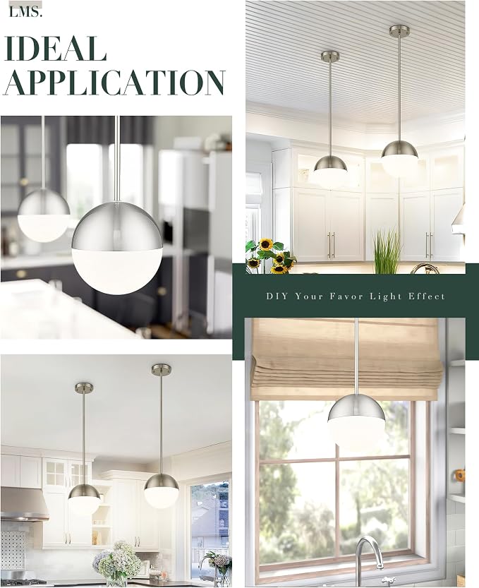 2 Pack Modern Pendant Lights, Mid Century Brushed Nickel Kitchen Lighting with White Globe Glass Shade, Adjustable Hanging Light Fixtures Ceiling Light for Home Office Dining Room, LMS-186BN2PK