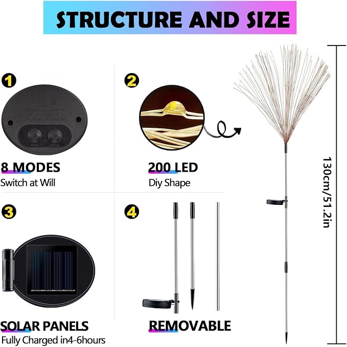 6-Pack Solar Firework Lights for Outside Waterproof Garden Fairy Lights | Adjustable 32"-51" tall, 200 LED stainless steel stake starburst lights with 8 modes for pathway patio decorations.